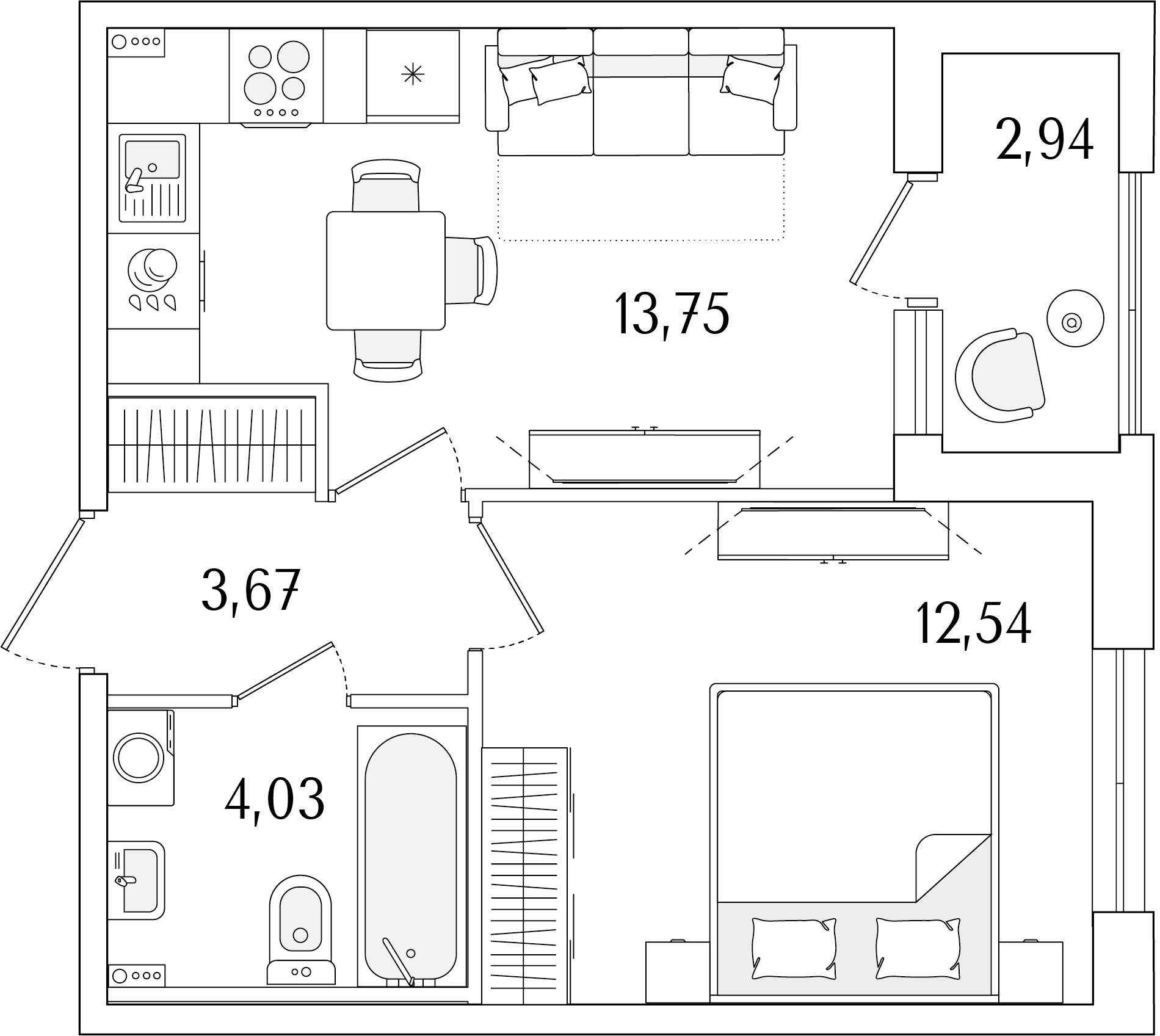1-комнатная квартира, 35.46 кв.м, Гранат